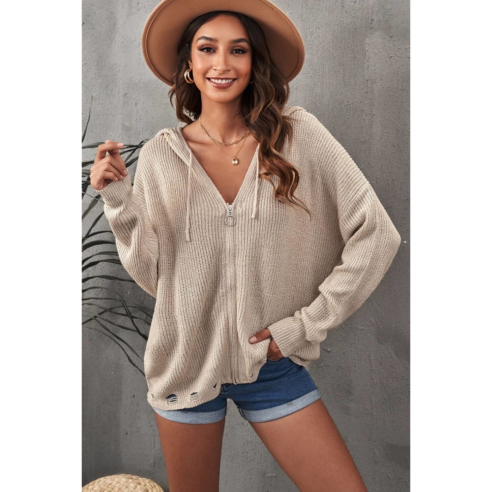 Zip-Up Distressed Hooded Cardigan- Four Colors Available